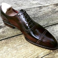 Handmade Men's Genuine Brown Leather Oxford Toe cap Lace up Shoes - Thumbnail 1