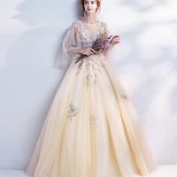 Champagne lace applique long prom dress evening dress - Thumbnail 1