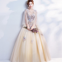 Champagne lace applique long prom dress evening dress - Thumbnail 2