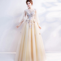 Champagne lace applique long prom dress evening dress - Thumbnail 3