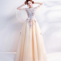 Champagne lace applique long prom dress evening dress - Thumbnail 4