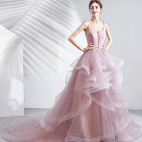 Pink v neck tulle long ball gown dress formal dress - Thumbnail 2