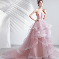 Pink v neck tulle long ball gown dress formal dress - Thumbnail 3