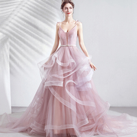 Pink v neck tulle long ball gown dress formal dress - Thumbnail 4