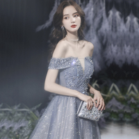 Grey tulle beads long prom dress shiny evening dress - Thumbnail 1