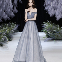 Grey tulle beads long prom dress shiny evening dress - Thumbnail 2