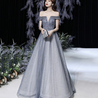 Grey tulle beads long prom dress shiny evening dress - Thumbnail 4