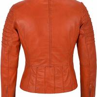 Women Genuine Lambskin Real Leather Jacket Orange Quilted Stylish Biker Coat - Thumbnail 1