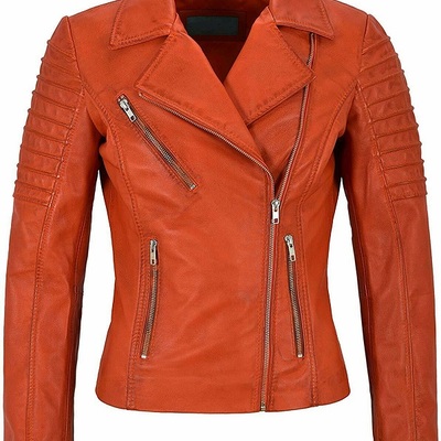 Women genuine lambskin real leather jacket orange quilted stylish biker coat