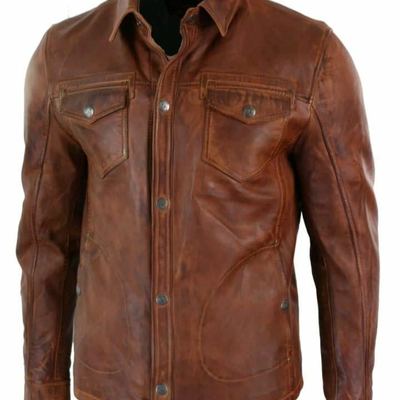 Mens shirt jacket brown real soft genuine waxed leather shirt