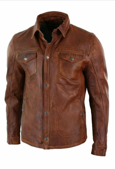 Mens Shirt Jacket Brown Real Soft Genuine Waxed Leather Shirt