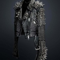 Handmade Brando Style Punk Half Silver Spiked Men Studded Cowhide Leather Jacket - Thumbnail 1