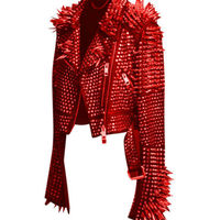New Mens Full Red Punk Silver Long Spiked Studded Real Leather Brando Jacket - Thumbnail 4