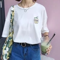 Cute Summer Banana Milk Drink Embroidery Yellow White Casual Short Sleeve Tee Shirt T-shirt Top E-Girl Kawaii Korean Japanese Harajuku Streetwear - Thumbnail 4