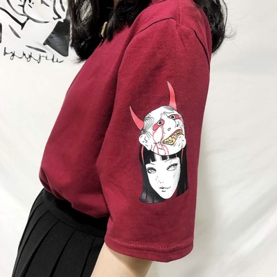 Cute Anime Demon Girl Cartoon Print Graphic Punk Goth Oversized Short Sleeve Tee Shirt T-shirt Top E-Girl Kawaii Korean Japanese Harajuku Streetwear