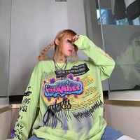 Cute Graffiti Art Graphic Print Punk Baggy Hip Hop Oversized Long Sleeve Tee Shirt T-shirt Top E-Girl Kawaii Korean Japanese Harajuku Streetwear - Thumbnail 1