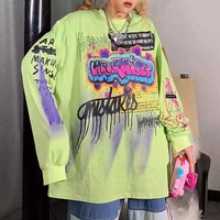Cute Graffiti Art Graphic Print Punk Baggy Hip Hop Oversized Long Sleeve Tee Shirt T-shirt Top E-Girl Kawaii Korean Japanese Harajuku Streetwear - Thumbnail 3