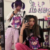 Cute Girl Graffiti Graphic Art Print Punk Baggy Hip Hop Oversized Long Sleeve Tee Shirt T-shirt Top E-Girl Kawaii Korean Japanese Harajuku Streetwear - Thumbnail 1