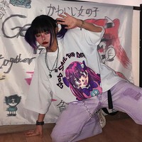 Cute Girl Graffiti Graphic Art Print Punk Baggy Hip Hop Oversized Long Sleeve Tee Shirt T-shirt Top E-Girl Kawaii Korean Japanese Harajuku Streetwear - Thumbnail 3