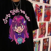 Cute Girl Graffiti Graphic Art Print Punk Baggy Hip Hop Oversized Long Sleeve Tee Shirt T-shirt Top E-Girl Kawaii Korean Japanese Harajuku Streetwear - Thumbnail 4