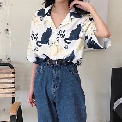 Chinese Letter Cat Animal Print Casual Loose Button Down Collar Short Sleeve Tee Shirt T-shirt Top E-Girl Kawaii Korean Japanese Harajuku Streetwear