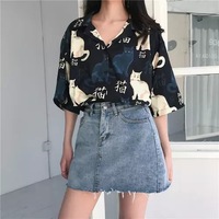 Chinese Letter Cat Animal Print Casual Loose Button Down Collar Short Sleeve Tee Shirt T-shirt Top E-Girl Kawaii Korean Japanese Harajuku Streetwear - Thumbnail 3
