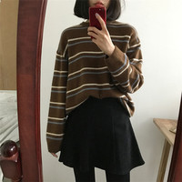 Soft Stripe Autumn O Neck Chic Loose Oversized Casual Knit Sweater Sweatshirt Pullover Jumper Shirt E-Girl Kawaii Korean Japanese Harajuku Streetwear - Thumbnail 1