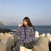Soft Stripe Autumn O Neck Chic Loose Oversized Casual Knit Sweater Sweatshirt Pullover Jumper Shirt E-Girl Kawaii Korean Japanese Harajuku Streetwear - Thumbnail 4