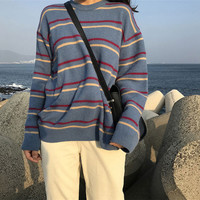 Soft Stripe Autumn O Neck Chic Loose Oversized Casual Knit Sweater Sweatshirt Pullover Jumper Shirt E-Girl Kawaii Korean Japanese Harajuku Streetwear - Thumbnail 5