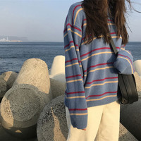 Soft Stripe Autumn O Neck Chic Loose Oversized Casual Knit Sweater Sweatshirt Pullover Jumper Shirt E-Girl Kawaii Korean Japanese Harajuku Streetwear - Thumbnail 6