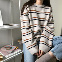 Soft Stripe Autumn O Neck Chic Loose Oversized Casual Knit Sweater Sweatshirt Pullover Jumper Shirt E-Girl Kawaii Korean Japanese Harajuku Streetwear - Thumbnail 7