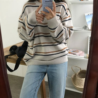 Soft Stripe Autumn O Neck Chic Loose Oversized Casual Knit Sweater Sweatshirt Pullover Jumper Shirt E-Girl Kawaii Korean Japanese Harajuku Streetwear - Thumbnail 8