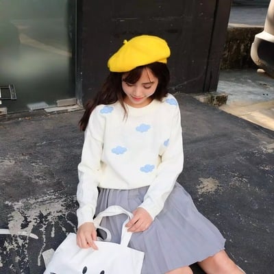 Cute pastel cloud winter autumn loose oversized casual knit sweater sweatshirt pullover jumper shirt e-girl kawaii korean japanese harajuku streetwear - Thumbnail 4