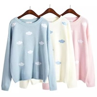 Cute Pastel Cloud Winter Autumn Loose Oversized Casual Knit Sweater Sweatshirt Pullover Jumper Shirt E-Girl Kawaii Korean Japanese Harajuku Streetwear - Thumbnail 3
