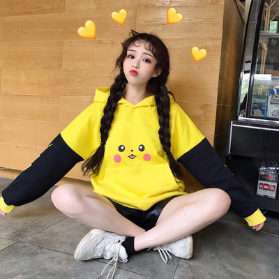 Cute Yellow Pikachu Anime Cartoon Long Ears Oversized Casual Hoodie Sweater Sweatshirt Pullover E-Girl Kawaii Korean Japanese Harajuku Streetwear