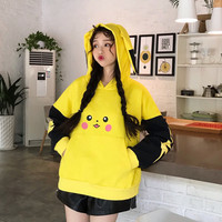 Cute Yellow Pikachu Anime Cartoon Long Ears Oversized Casual Hoodie Sweater Sweatshirt Pullover E-Girl Kawaii Korean Japanese Harajuku Streetwear - Thumbnail 4