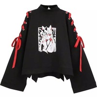 Cute Vintage Anime Fox Print Lace Up Long Sleeve Shirt Hoodie Sweatshirt Top Punk Goth E-Girl Kawaii Korean Japanese Harajuku Streetwear - Thumbnail 2