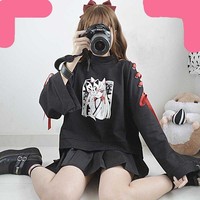Cute Vintage Anime Fox Print Lace Up Long Sleeve Shirt Hoodie Sweatshirt Top Punk Goth E-Girl Kawaii Korean Japanese Harajuku Streetwear - Thumbnail 4