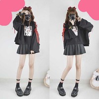 Cute Vintage Anime Fox Print Lace Up Long Sleeve Shirt Hoodie Sweatshirt Top Punk Goth E-Girl Kawaii Korean Japanese Harajuku Streetwear - Thumbnail 5
