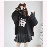 Cute Vintage Anime Fox Print Lace Up Long Sleeve Shirt Hoodie Sweatshirt Top Punk Goth E-Girl Kawaii Korean Japanese Harajuku Streetwear - Thumbnail 6