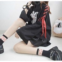 Cute Vintage Anime Fox Print Lace Up Long Sleeve Shirt Hoodie Sweatshirt Top Punk Goth E-Girl Kawaii Korean Japanese Harajuku Streetwear - Thumbnail 8