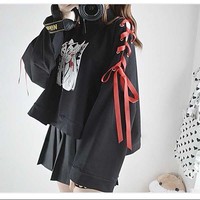 Cute Vintage Anime Fox Print Lace Up Long Sleeve Shirt Hoodie Sweatshirt Top Punk Goth E-Girl Kawaii Korean Japanese Harajuku Streetwear - Thumbnail 9