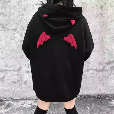 Cute Black Demon Wing Devil Horns Oversized Hoodie Long Sleeve Shirt Sweater Sweatshirt Punk Goth E-Girl Kawaii Korean Japanese Harajuku Streetwear