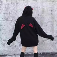 Cute Black Demon Wing Devil Horns Oversized Hoodie Long Sleeve Shirt Sweater Sweatshirt Punk Goth E-Girl Kawaii Korean Japanese Harajuku Streetwear - Thumbnail 3