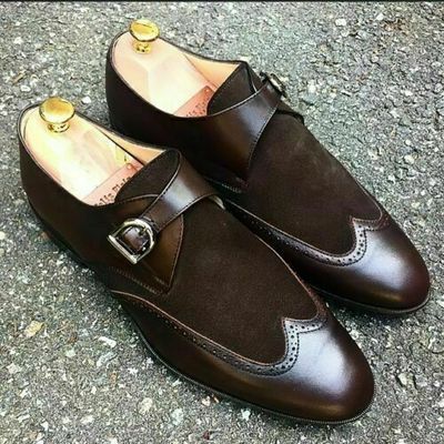 Handmade Men Monk shoes, Men brown formal shoes, Men wing tip dress shoes