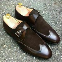 Handmade Men Monk shoes, Men brown formal shoes, Men wing tip dress shoes - Thumbnail 4
