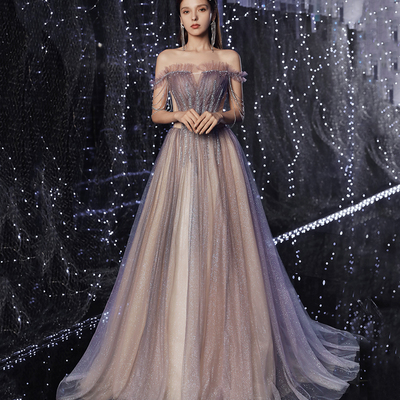 Shiny tulle sequins long prom dress evening dress - Thumbnail 3