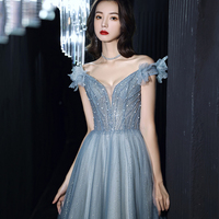 Blue tulle sequins long prom dress blue evening dress - Thumbnail 1