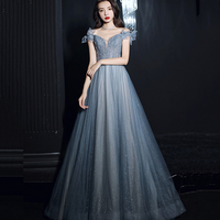 Blue tulle sequins long prom dress blue evening dress - Thumbnail 3