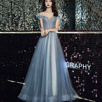 Blue tulle sequins long prom dress blue evening dress - Thumbnail 5